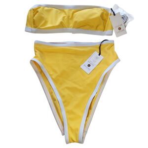 Shade & Shore High Waist High Leg Cheeky Contrast Band Bikini Size XS Yellow